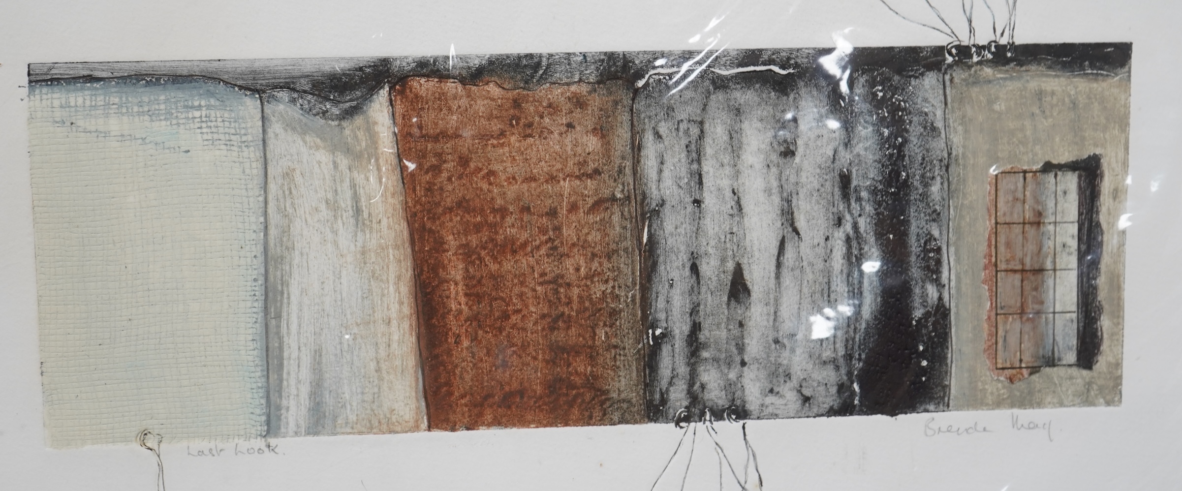 Brenda May (Modern British), a collection of four works to include an abstract collage, ‘Salvaged from the fire I’ and two pencil signed prints, one titled ‘Last Look’, one framed, largest 60 x 45cm